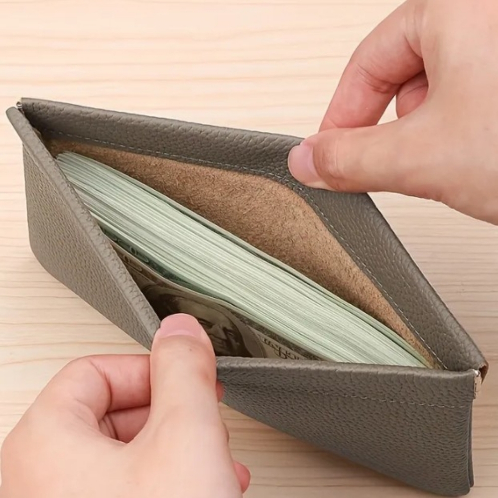 Self-Closing Genuine Leather Long Wallet with Zipper Closure